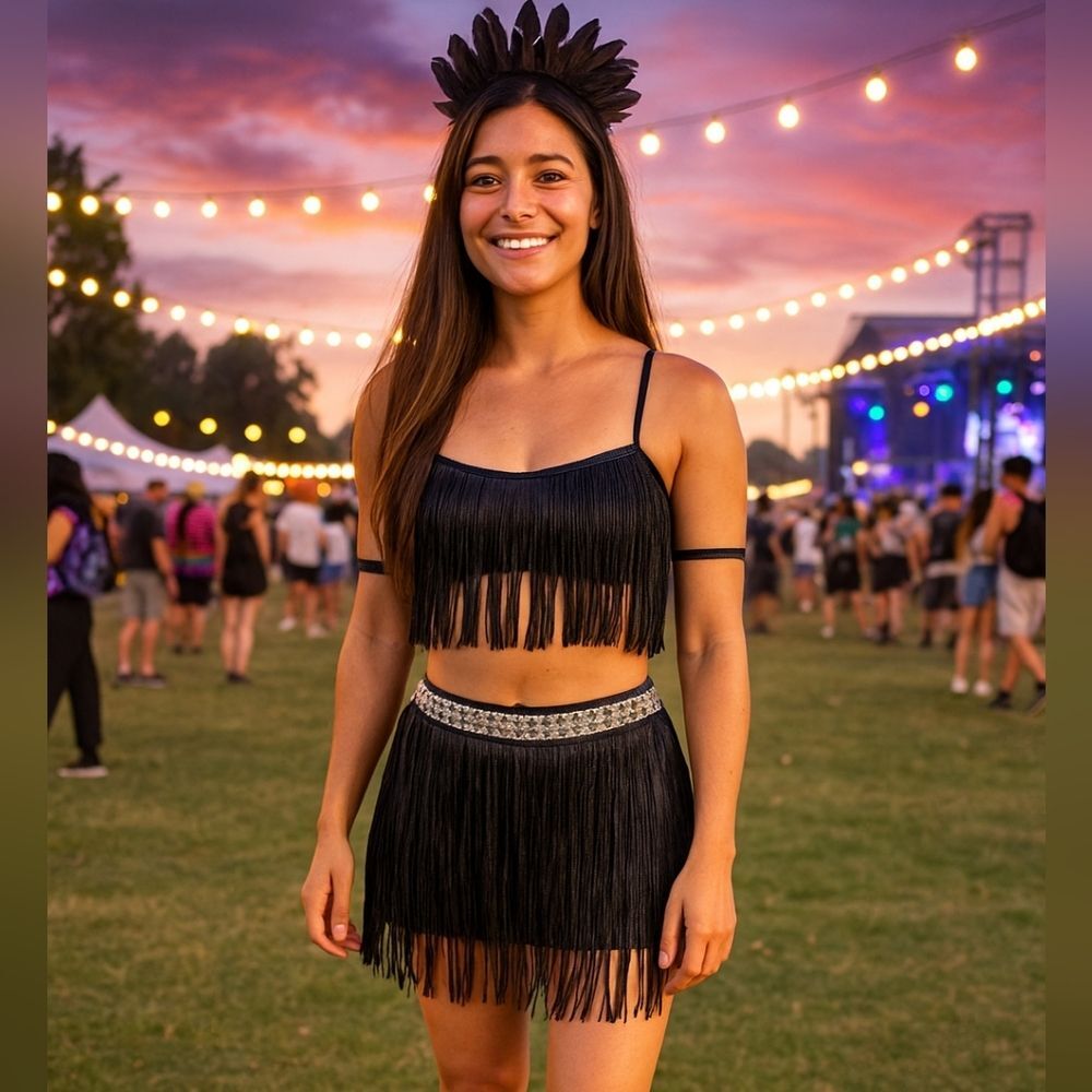 Fringe Set Mini Skirt Crop Top Feather Headdress Costume Party Festival M-XL